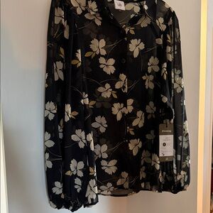 CAbi Black Floral COSMO Button-Down Shirt with Cream Flowers